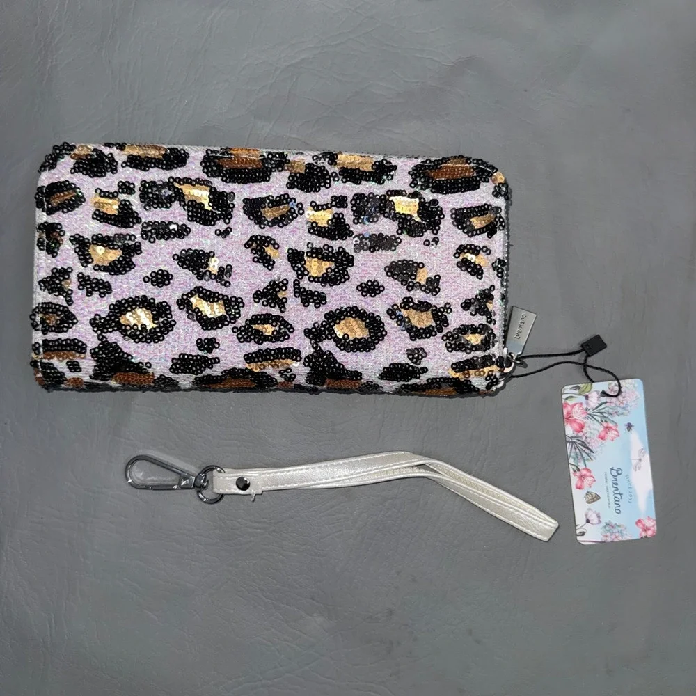 Brentano Leopard Sequin Zip Around Wristlet Wallet White Gold Black